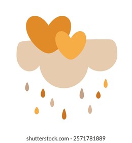 Boho cloud with rain and hearts. Cute Valentine object in flat style. Hand draw vector illustration