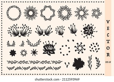 Boho collection of icons in stylised floral, foliage and botanical flower style. Monochrome isolated hand drawn rustic motif set. Sketched modern scandi decor design.