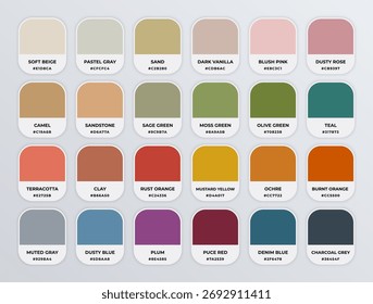 Boho color codes shades guide palette catalog with color names