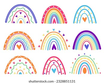 
Boho color rainbows set. Collection of lgbt flag color rainbows. Vector illustration isolated on white background. Rainbow Clipart. LGBTQ Pride month icons. Rainbow colors with hearts, flat style