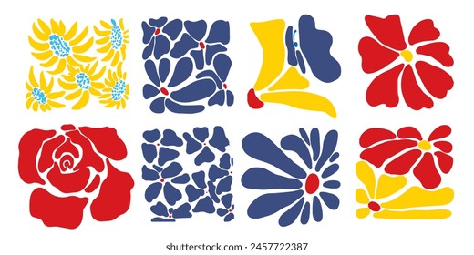 Boho colored flowers isolated. Minimal design. DEsign in blue, yellow, red.