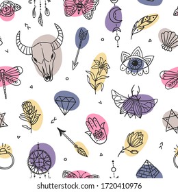 Boho colorful seamless pattern. Mystical and witchcraft symbols. Ethnic set with scull, butterfly, bug, moon, plant, eye and other magic elements. Perfect for fabrics, wallpaper and covers.