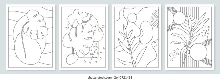 Boho coloring page, line art and summer background with tropical leaves and flowers. Minimal modern wall art with botanical and nature ornament. Groovy spring landscape silhouette pattern for woman.