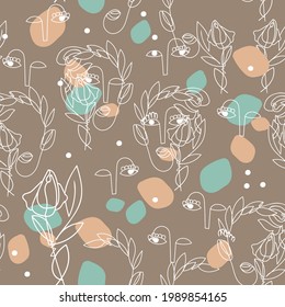 Boho farbt nahtloses Muster mit abstrakten Umrissen von surrealen Frauen auf handwerklichem Papierhintergrund. Konzept Liebe von Mädchen zu Blumen. Für modernes Vektordesign, Boho-Stil, hitzige Stimmung.