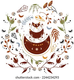 A boho composition with a celestial moon and a colorful wreath with magical flowers, leaves, mystical crystals and more. A charming floral compositions is ideal for cards, posters, flyers, banners