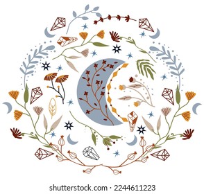 Composición boho con luna celestial y corona colorida con flores mágicas, hojas, cristales místicos y más. Las encantadoras composiciones florales son ideales para tarjetas, carteles, volantes y pancartas