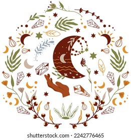 Boho composition with a mystical hand holding the moon, flowers, leaves, stars. Celestial designs are suitable for posters, banners, cosmetics, spa. Vector illustration