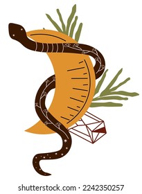 Boho composition with a mystical snake around the moon, crystal, leaves. Celestial design is suitable for posters, banners. The magical symbol of the moon. Vector illustration