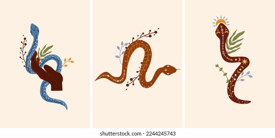 Composición boho con una serpiente mística alrededor de la mano, hojas y luna mística. El diseño celeste es adecuado para carteles, pancartas. El símbolo mágico. Ilustración del vector