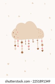 Boho composition with a pastel cloud and stars around. Pastel illustrations for cards, birthday, children's room, posters, banners, etc. Vector.
