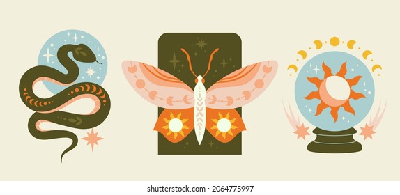 Boho composition set. Collection of unusual pictures. Ritual images. Magic and mystical symbols, esotericism. Snake, butterfly and sun. Cartoon flat vector illustration isolated on beige background