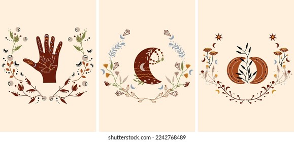 El Boho se compone de una mano mística, una luna mágica, flores, hojas, estrellas. Los diseños celestes son adecuados para carteles, pancartas, cosméticos, spa. Ilustración del vector