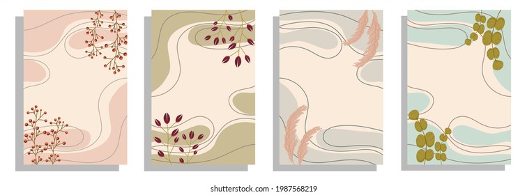 Boho covers set. Minimal poster. Modern Scandinavian design. A modern creative template. Abstract shapes and lines, decorate flowers, branches. Templates for social media, posters, postcards.