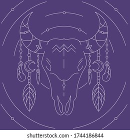 Ilustración de la cabeza del cráneo de boho boho. Señales ocultas y místicas.  Dibujo del contorno del vector. 