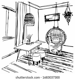 Boho cozy interior design. Hand drawn vector illustration of a sketch style. Wicker chair, wood table. Pencil sketch modern house.