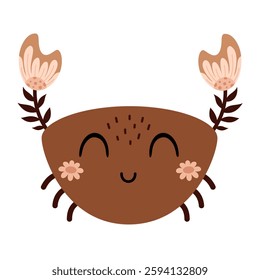 Boho crab clipart. Floral Sea animal. Ocean animal clipart in cartoon flat style. Hand drawn vector illustration