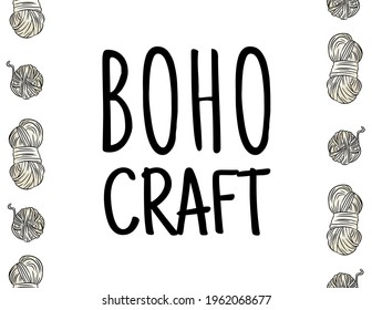 Boho craft indigenous typography with cotton yarn threads seamless border pattern. Cozy bohemian postcard or banner. Letter format vector decoration background tile