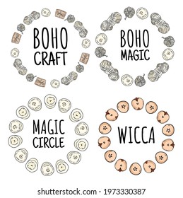 Boho craft logo collection. Cotton yarn, candles and craft doodles in wreath composition. Handmade design. Hand drawn cute cartoon illustrations set