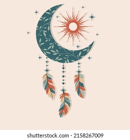 Boho crescent with herbs and feathers. For print for T-shirts and bags, decor element.