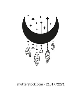 Boho crescent moon with feathers, crystal, planet and stars isolated on white background. Witchy luna. Alchemy esoteric magic talisman. Mystical symbol.