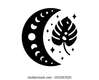 Boho crescent moon with monstera isolated on a white background. Vector illustration for poster