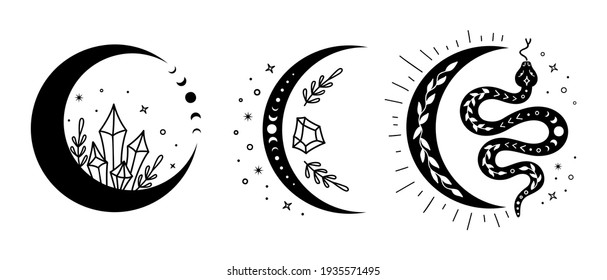 Boho crescent moon silhouette. Mystic abstract vector illustration. Vector witchcraft, magical print. Esoteric symbol.