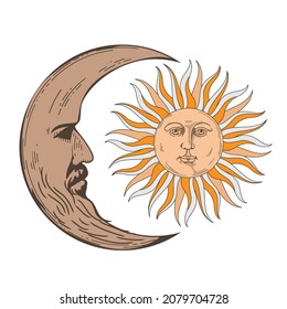 Boho crescent moon, sun retro design hand drawn