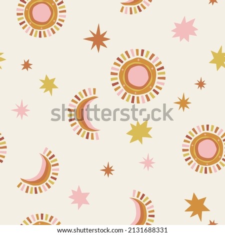 Boho Crescent Sun Stars geometric celestial vector seamless pattern. Bohemian baby abstract Moon Child print in trendy gender neutral colours for childish fabric and nursery decor