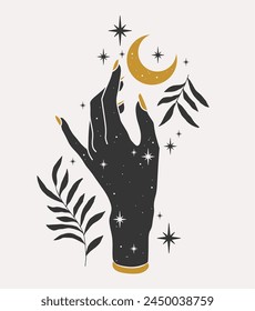 Boho crescent and woman hand. Alchemy esoteric magic space. Elegant illustration.