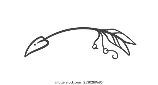 Boho Cupiden Pfeil mit Kurve Linie Symbol. Umriss Retro-Pfeil mit romantischen Dekorationen von Locken und Feder fliegen auf Kurve. Alte Buchstaben Dekor Maskottchen, Vintage-Trennelement Symbol Vektorgrafik