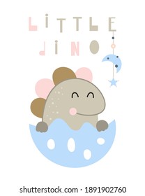 Boho cute dinosaur baby in egg - poster for nursery design. Vector Illustration. Kids illustration for baby clothes, greeting card, wrapping paper. Lettering Little dino.