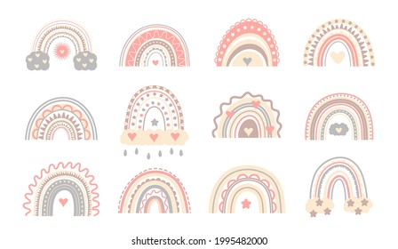 	
Boho cute rainbow vector in pastel colors. Baby abstract rainbows  with drops, heart, stars, cloud isolated on white background. Printable poster illustration for kids. 