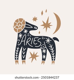 Boho cute zodiac Aries sign, horoscope cartoon icon. Astrology cartoon animalistic character symbol, space celestial ornate constellation. Astrological hand-drawn avatar. Modern flat contemporary