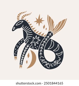 Boho cute zodiac Capricorn sign, horoscope cartoon icon. Astrology cartoon animalistic character symbol, space celestial ornate constellation. Astrological hand-drawn avatar. Modern flat contemporary