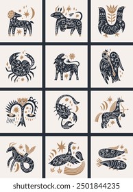 Boho cute zodiac signs, horoscope cartoon icons set. Astrology cartoon animalistic characters symbols, space celestial ornate constellations. Twelve astrological hand-drawn avatars. Aries, Taurus