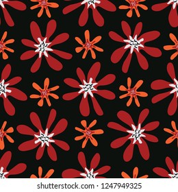 Boho Daisy Flower Blooms All Over Print Vector. Colorful Floral Seamless Repeating Pattern. Dark Black Red Folk Background. Hand Drawn Fashion Prints, Wallpaper, Stationery, Hipster Garden Packaging.