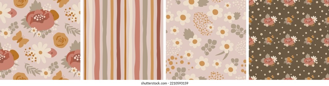 El patrón de margarita de Boho, peony de Boho. Colección de papel de verano de Pastel Boho floral. Patrón sin fisuras del tono de la Tierra Gran y pequeño fondo floral. Ilustración vectorial de bodas naturales, diseño de fondo de pantalla