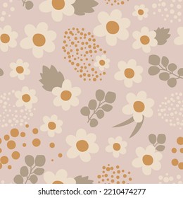 Boho daisy pattern tiny scale. Small boho floral summer print. Earth tone peony seamless pattern in vector. Blooming garden background. Little flower bouquet print. Rustic nature peony illustration.