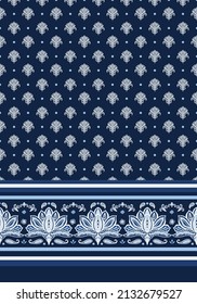 Elementos del damasco Boho con puntos de repetición sin fisuras con impresión de borde a rayas. Vector, elementos etno tradicionales por todas partes impresos con marco de fondo paisley floral en azul y blanco.