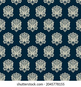 Boho damask seamless repeat pattern. Doodled, vector paisley element all over surface print on dark blue background.