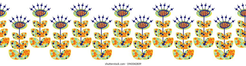 Boho dandelion seeds seamless border. Modern colorful banner with naive doodle folk art style herbacious garden flowers. Stylized multicolor botanical nature design. For ribbon,tape, header, edging