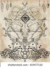 Boho deer skull with horns and eye. Ornamental arrows, stars, feathers.