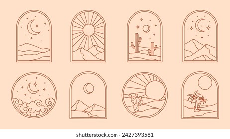 Boho desert and cactus, vintage bohemian oasis with mountain and sky landscape, vector window frames. Boho arches with thin line sun, moon and palm, summer night and clouds with stars in sky outline