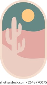 Boho desert landscape with cactus  in warm earth tones. Design illustration for decoration, wall decor, wallpaper, cover, banner.