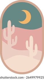 Boho desert landscape with cactus  in warm earth tones. Design illustration for decoration, wall decor, wallpaper, cover, banner.