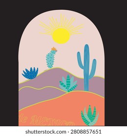 Boho desert landscape vector illustration with colorful saguaro cactus hills and a bright yellow sun inside an arch