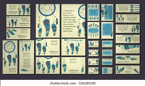 Boho design brochure and business card templates with dreamcatcher, arrow, feather tribal ethnic elements. Vector illustration