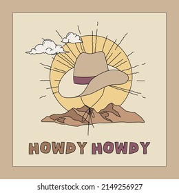 Boho design card with cowboy hat and phrase HOWDY HOWDY. Vector square banner template. Western and desert aesthetic in earthy tones.