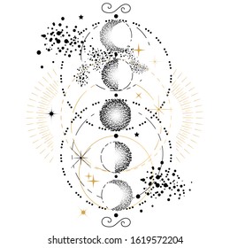 Boho design element or logo in flash tattoo style. Moon phases illustration. 