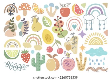 Boho design elements set. Collection of abstract, pastel colored plants, fruits, mushrooms, rainbows, shapes. Abstract bohemian flat designs.